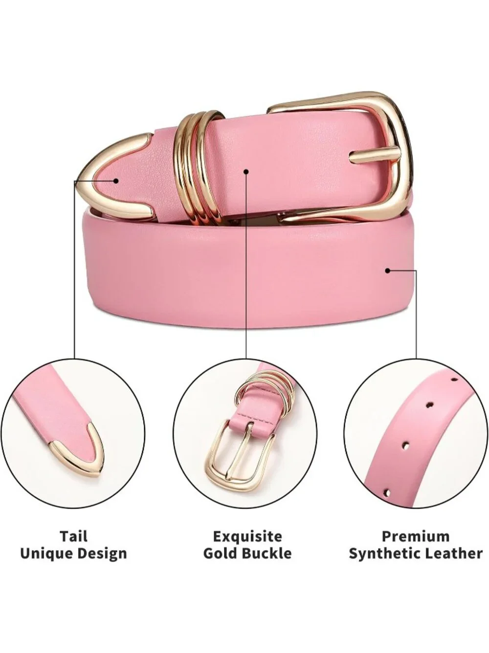 Women Pink Leather Waist Dress Belt For Pants Jeans Fashion With Gold Buckle